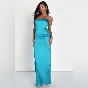 NEW Lulu's Teal Satin Slip Maxi Dress Size M